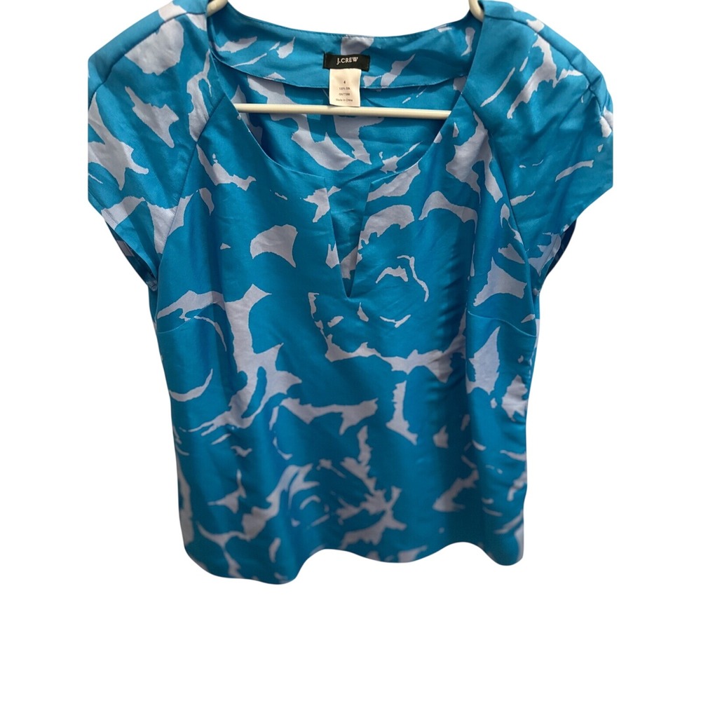 J.Crew Womens Blue Abstract Floral 100%‎ Silk Split Neck  Blouse Size 4